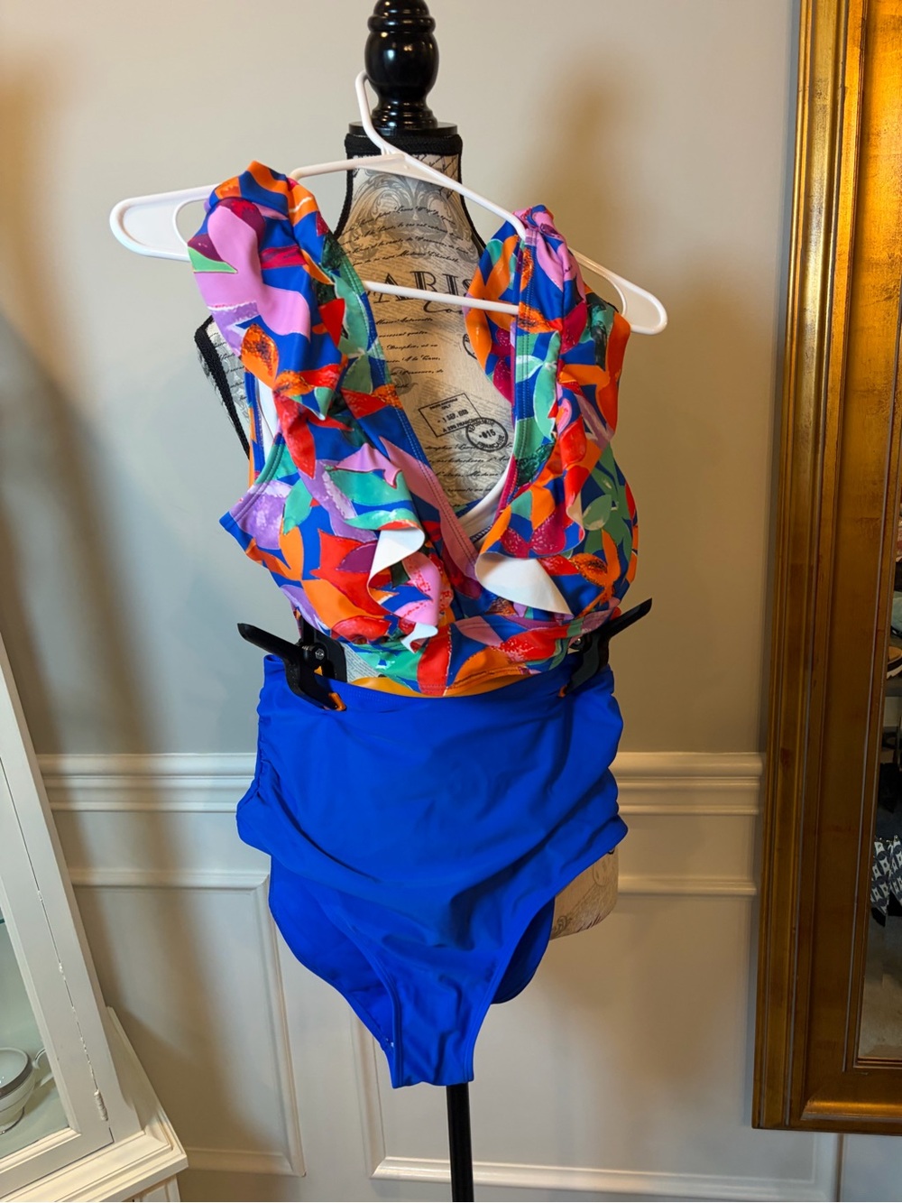 Colorful Tropical Ruffle Two-Piece Swimsuit with Royal Blue Bottom
